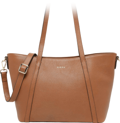 A large brown leather tote bag with two tall shoulder straps and a zipper closure at the top. The bag is made from textured full-grain leather with gold hardware. It has a zip pocket on the back and a removable longer strap for crossbody wear.